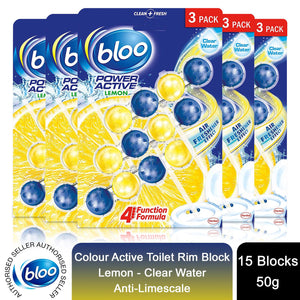 Bloo Power Active Toilet Rim Block Lemon Anti-Limescale 3 x 50g 5 packs