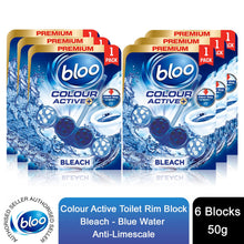 Load image into Gallery viewer, Bloo Colour Active Anti-Limescale Odour Stop Bleach Toilet Rim Block, 50g - 6 PK