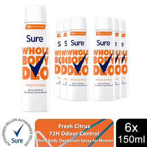 Sure Women Fresh Citrus Whole Body Deodorant Spray Aluminium Free 150ml, 6 Pack