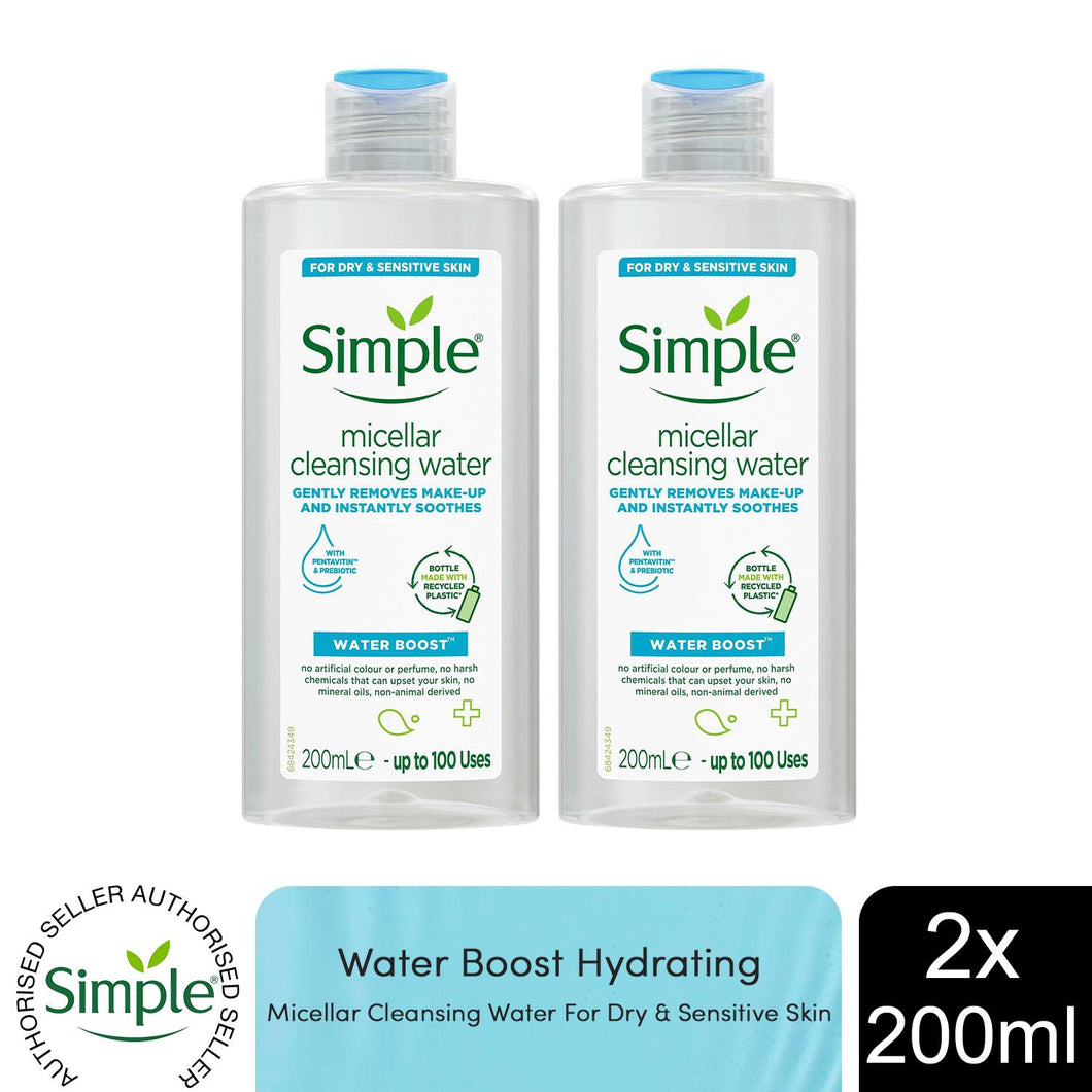 2x 200ml or 400ml Simple Water Boost Hydrating Micellar Water For Dry Skin