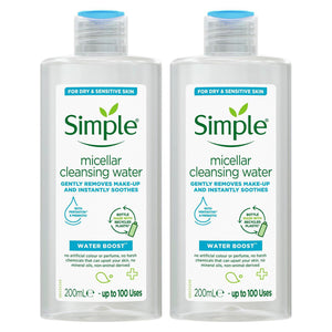 2x 200ml or 400ml Simple Water Boost Hydrating Micellar Water For Dry Skin