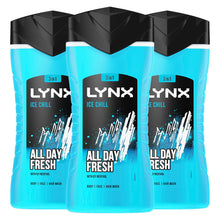 Load image into Gallery viewer, 3pk of 225ml Lynx 3-in-1 Ice Chill All Day Fresh with Icy Menthol Body wash