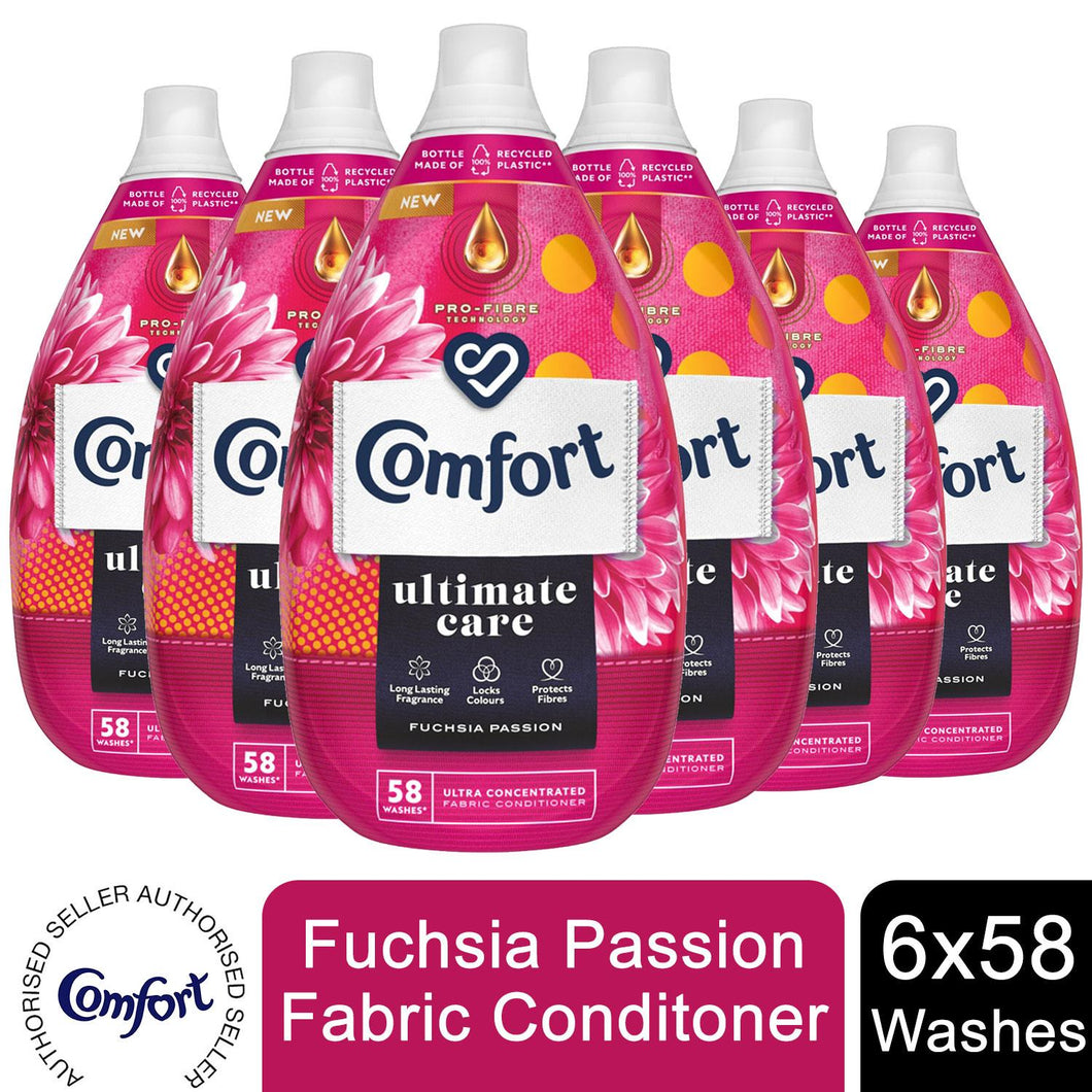 6x of 870ml Comfort Ultimate Care Fuchsia Passion Liquid Fabric Conditioner 58W