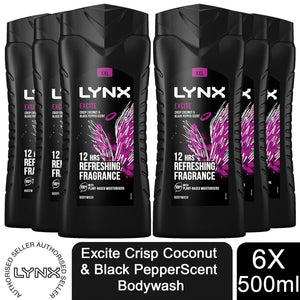 6x Lynx 12H Refreshing Excite Crisp Coconut & Black Paper Scent Shower Gel,500ml