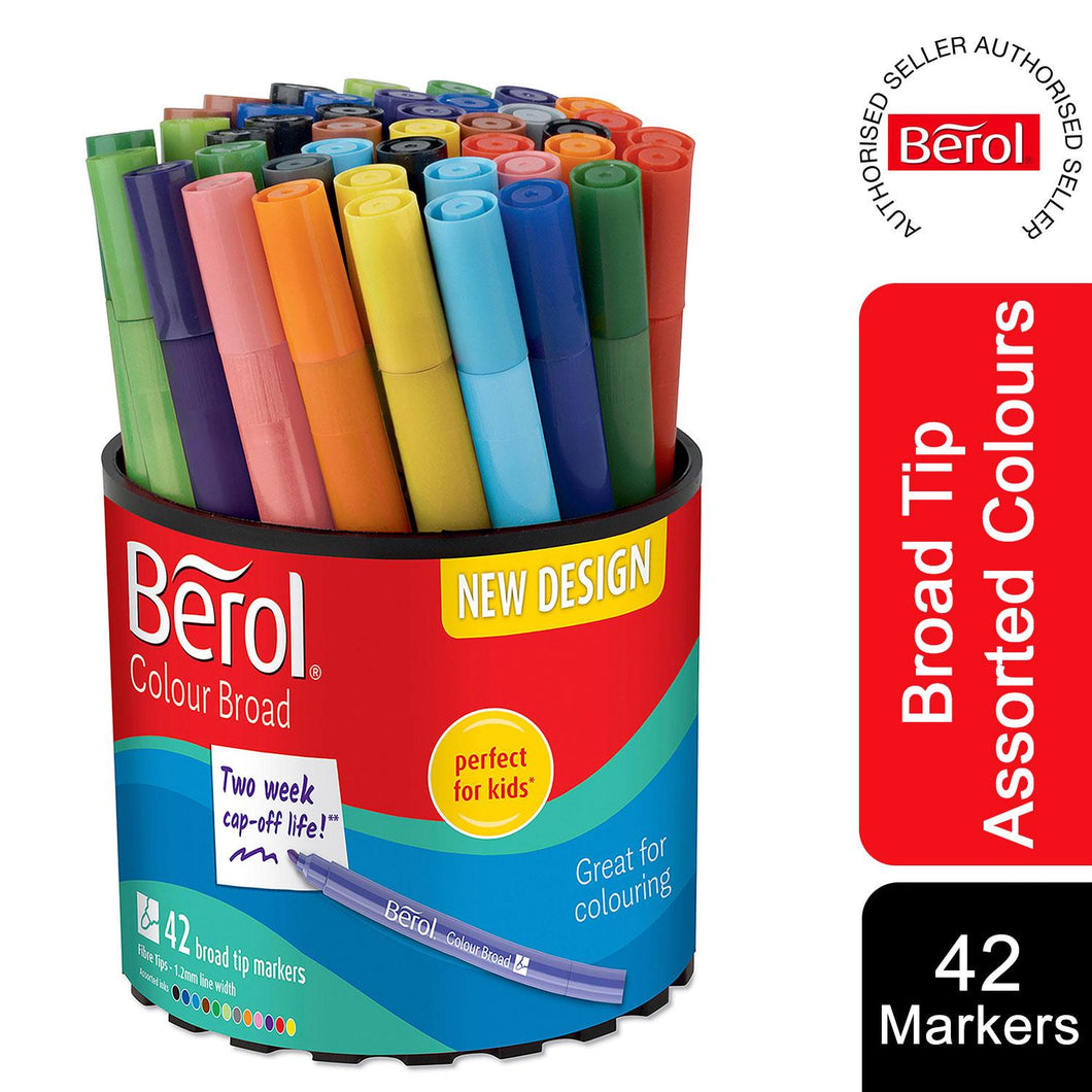 Berol Colouring Pens Felt Tip Assorted Broad Point 1.2mm Washable Tub of 42