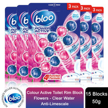 Load image into Gallery viewer, Bloo Power Active Toilet Rim Block Fresh Flowers Anti-Limescale 3 x 50g 5 packs