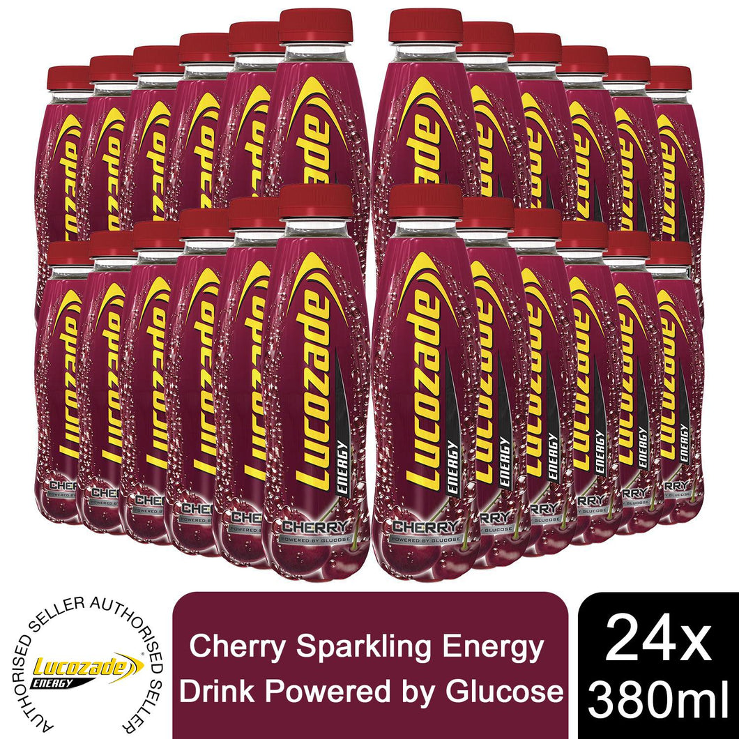 24 Pack of Lucozade Energy Cherry Sparkling Drink, 380ml