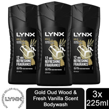 Load image into Gallery viewer, 3pk of 225ml Lynx 12H Refreshing Fragrance Gold Oud Wood &amp; Vanilla Body wash