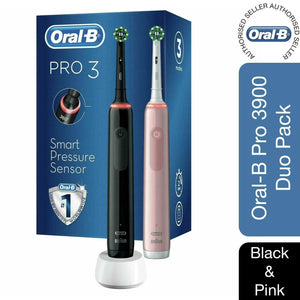 Oral-B Pro 3 3900 Electric Smart Pressure Sensor Duo Toothbrushes, Black & Pink