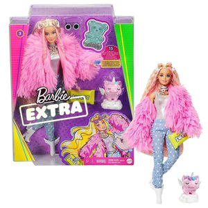 Barbie Extra Doll in Pink Fluffy Coat with Pet Unicorn Pig