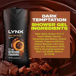 3pk of 225ml Lynx 12H Refreshing Dark Temptation Dark Chocolate Scent Body wash