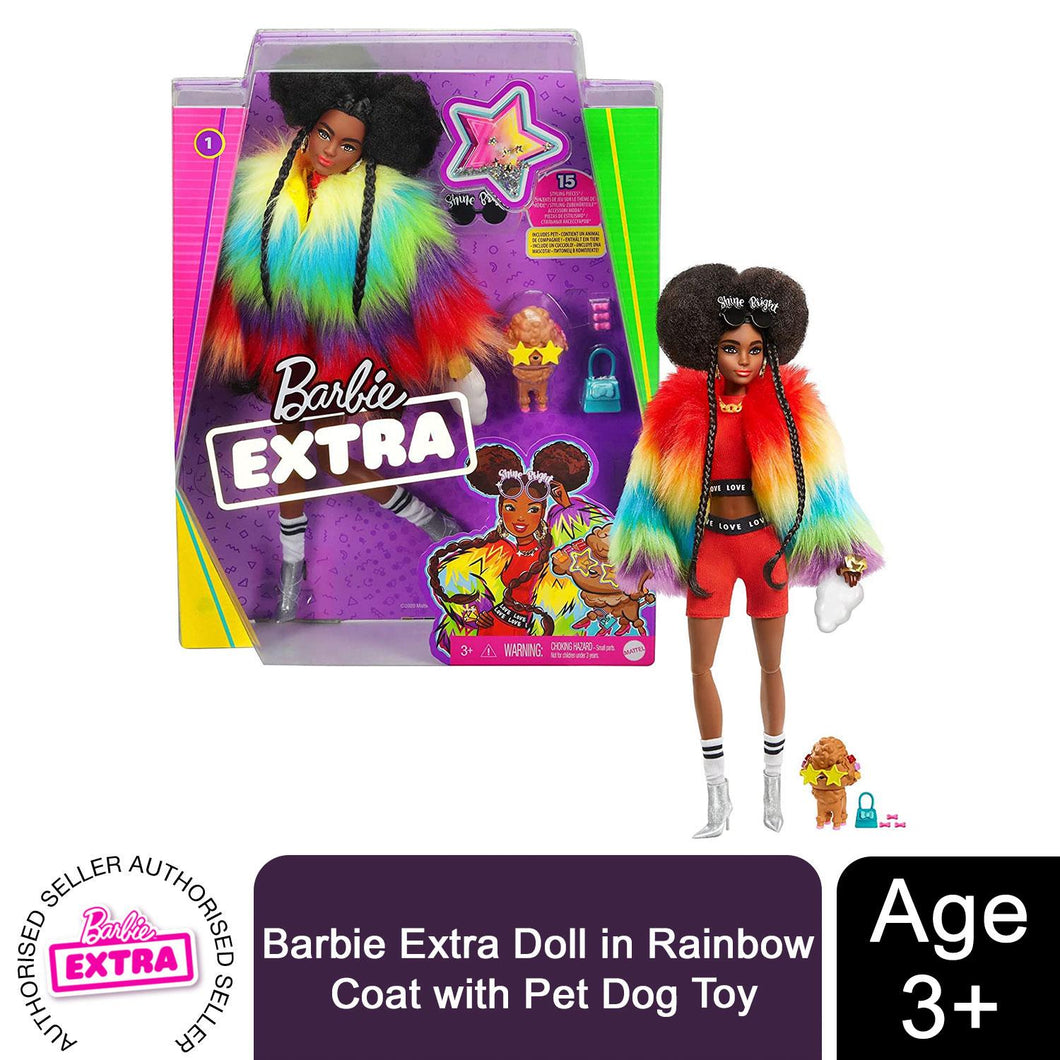 Barbie Extra Doll in Rainbow Coat with Pet Dog