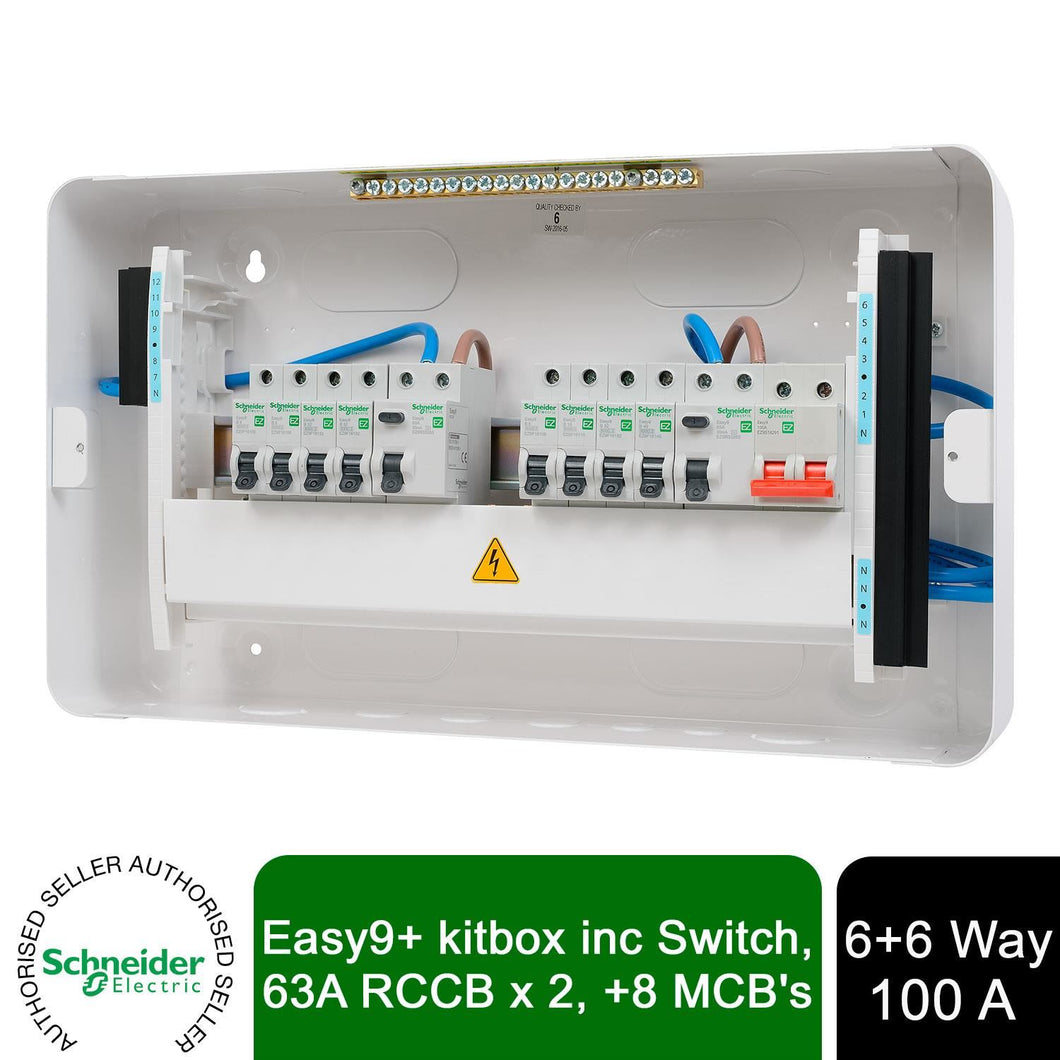 Schneider Electric Easy9+ EZ9ER6R6MRE Consumer Unit 6+6 100A 2x 63A RCD 8x MCB