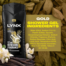 Load image into Gallery viewer, 6pk of Lynx 12H Refreshing Gold Oud Wood &amp; Fresh Vanilla Scent Shower Gel, 500ml