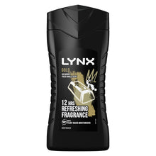 Load image into Gallery viewer, 3pk of 225ml Lynx 12H Refreshing Fragrance Gold Oud Wood &amp; Vanilla Body wash