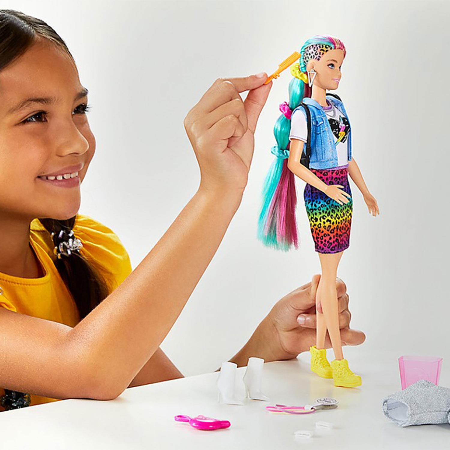 Barbie Leopard Rainbow Hair Doll with Colour-Change Feature