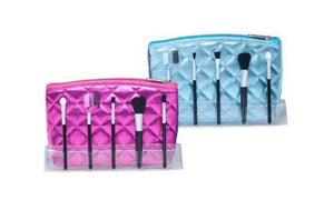 Make Up Bag with 5 Brushes Set, Ladies Travel Case, Metallic Pink or Blue