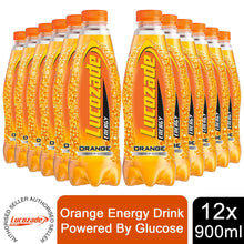 Load image into Gallery viewer, 12 Pack of 900ml Lucozade Orange Sparkling Energy Drink Powered By Glucose