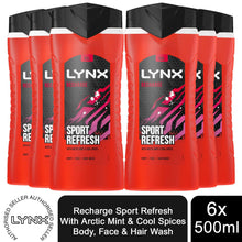 Load image into Gallery viewer, 6X500ml Lynx Recharge Sport Refresh Arctic Mint &amp; Cool Spices Scent Shower Gel