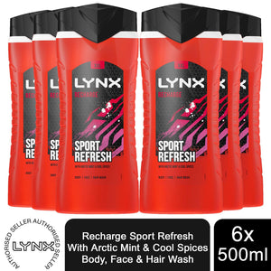 6X500ml Lynx Recharge Sport Refresh Arctic Mint & Cool Spices Scent Shower Gel