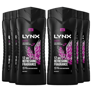 6x Lynx 12H Refreshing Excite Crisp Coconut & Black Paper Scent Shower Gel,500ml