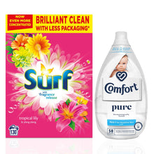 Load image into Gallery viewer, 130W Surf Tropical Lily Laundry Powder &amp; 58W Comfort Pure Fabric Conditioner
