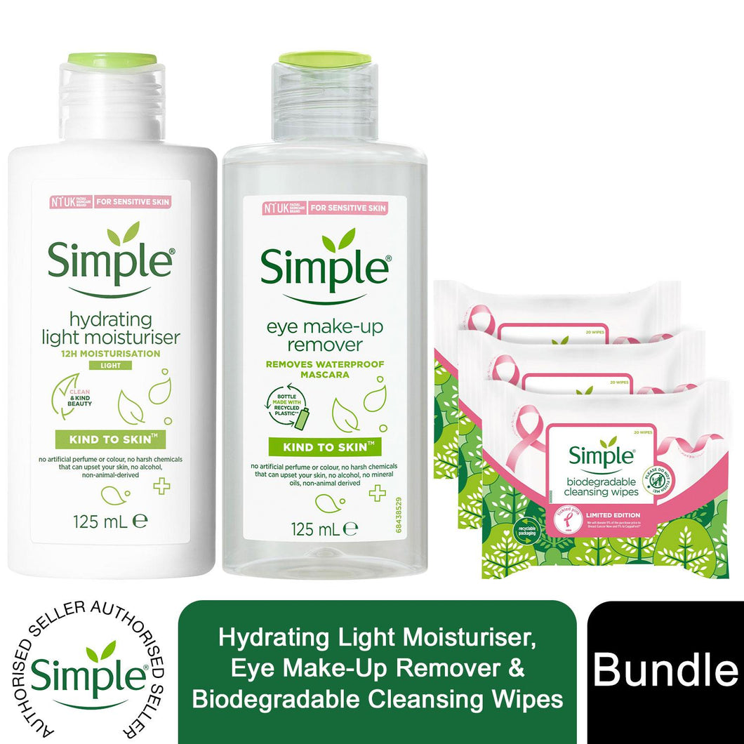 Simple Kind to skin Bundle of Eye Makeup Remover, Light Moisturiser & Wipes