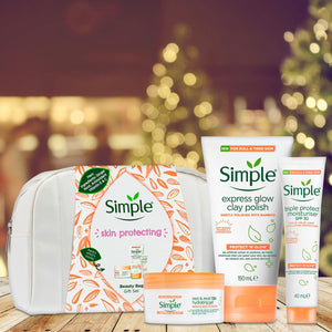 Simple Protect'N'Glow Gel, SPF Moisturiser & Glow Clay Polish Beauty Bag GiftSet