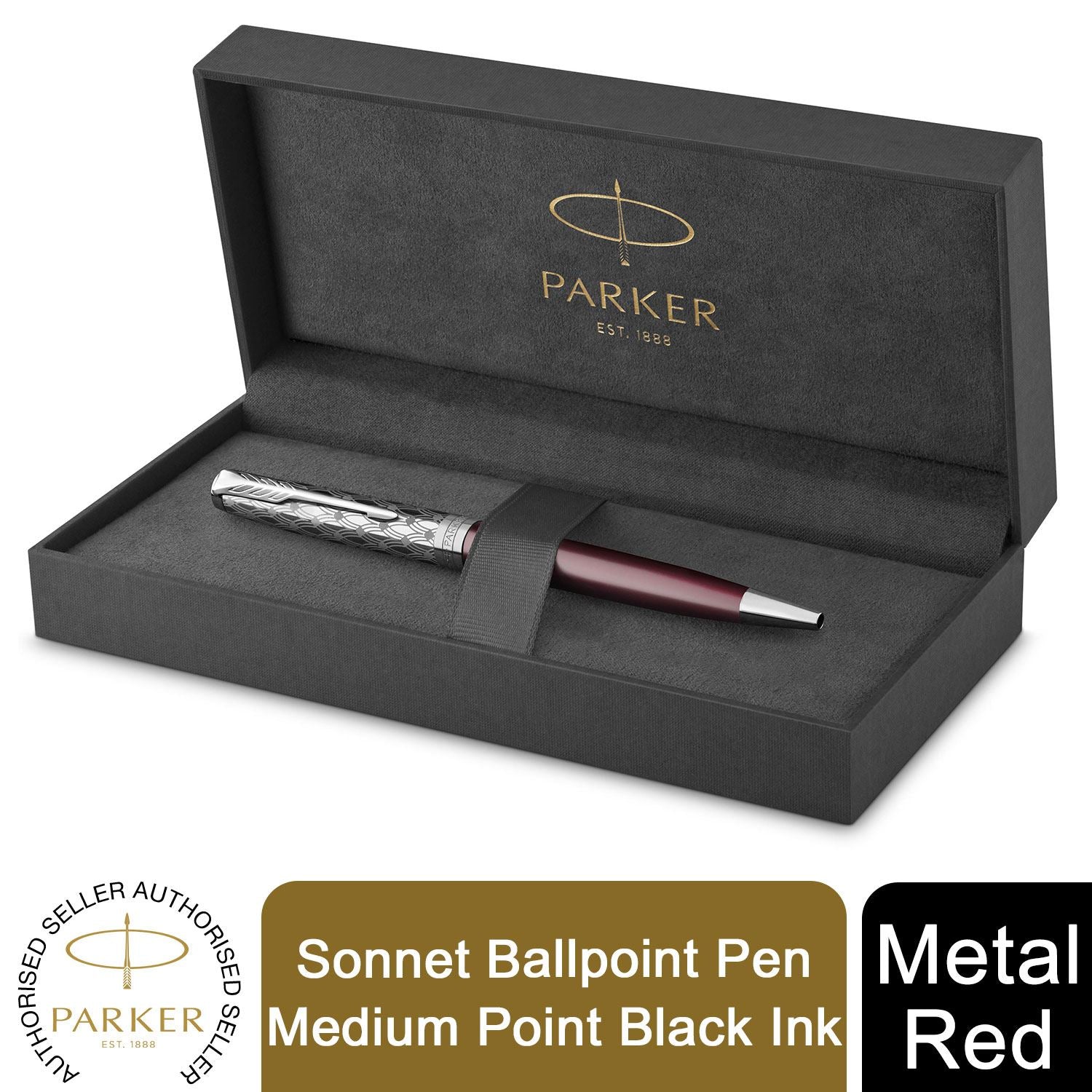 Parker Sonnet Ballpoint Pen Red Satin Finish Chrome Trim Medium