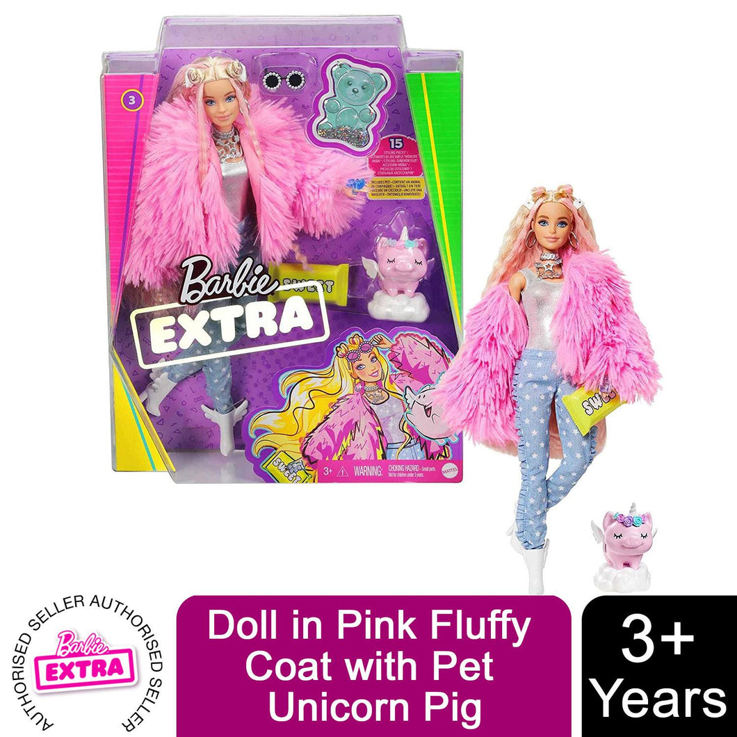 Barbie Extra Doll in Pink Fluffy Coat with Pet Unicorn Pig