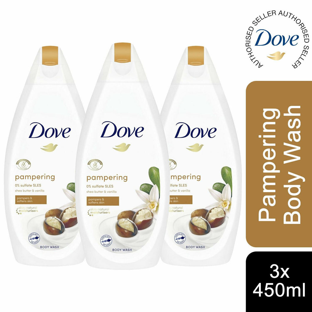 3 Pack Dove ¼ Moisturising Cream Pampering Shea Butter & Vanilla Body Wash,450ml