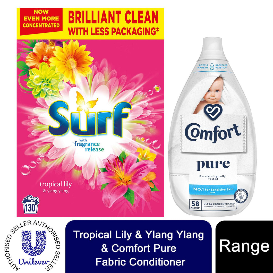 130W Surf Tropical Lily Laundry Powder & 58W Comfort Pure Fabric Conditioner