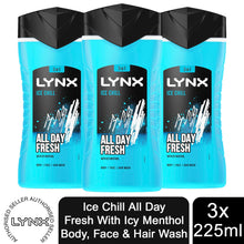 Load image into Gallery viewer, 3pk of 225ml Lynx 3-in-1 Ice Chill All Day Fresh with Icy Menthol Body wash