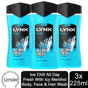 3pk of 225ml Lynx 3-in-1 Ice Chill All Day Fresh with Icy Menthol Body wash