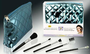 Make Up Bag with 5 Brushes Set, Ladies Travel Case, Metallic Pink or Blue