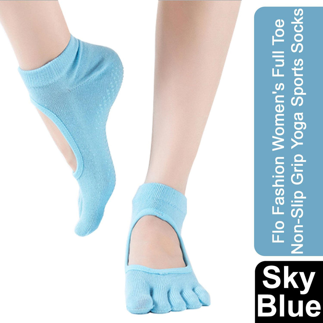 Flo Fashion Women's Full Toe Non-Slip Grip Yoga Sports Socks Sky Blue