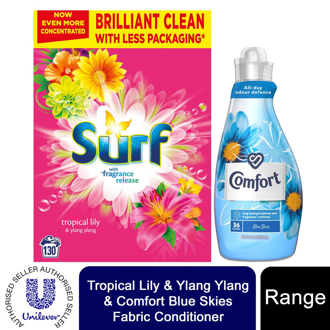 130W Surf Tropical LilyLaundry Powder & 36W Comfort BlueSkies Fabric Conditioner