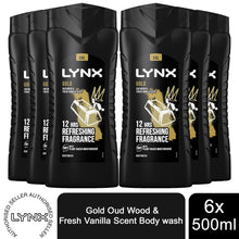 Load image into Gallery viewer, 6pk of Lynx 12H Refreshing Gold Oud Wood &amp; Fresh Vanilla Scent Shower Gel, 500ml