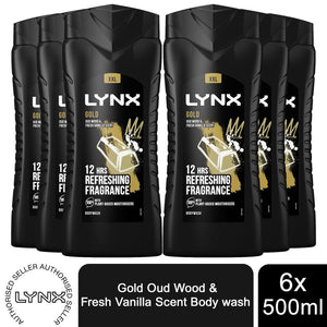 6pk of Lynx 12H Refreshing Gold Oud Wood & Fresh Vanilla Scent Shower Gel, 500ml