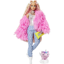 Load image into Gallery viewer, Barbie Extra Doll in Pink Fluffy Coat with Pet Unicorn Pig