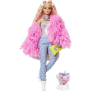 Barbie Extra Doll in Pink Fluffy Coat with Pet Unicorn Pig