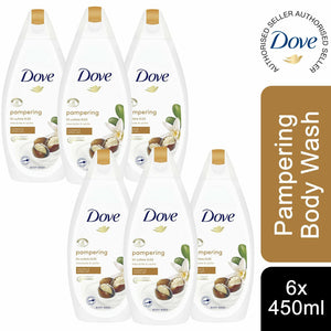 6pk Dove ¼ Moisturising Cream Pampering Shea Butter & Vanilla Body Wash, 450ml