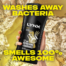 Load image into Gallery viewer, 3pk of 225ml Lynx 12H Refreshing Fragrance Gold Oud Wood &amp; Vanilla Body wash