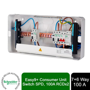 Schneider Electric Easy9 EZ9ESLR7R6CMCU Consumer Unit 7+6 2x100A RCD Main Switch