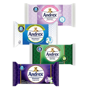 12x Andrex Washlets Gentle Clean, Skin Kind or Classic Clean Toilet Tissue Wipes