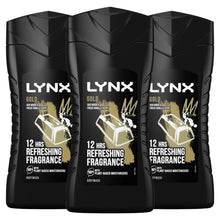 Load image into Gallery viewer, 3pk of 225ml Lynx 12H Refreshing Fragrance Gold Oud Wood &amp; Vanilla Body wash