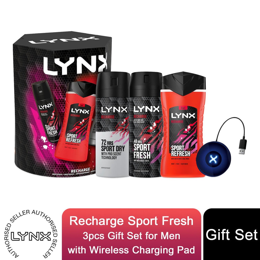 Lynx Recharge Sport Fresh 3pcs Gift Set For Men with Wireless Charging Pad