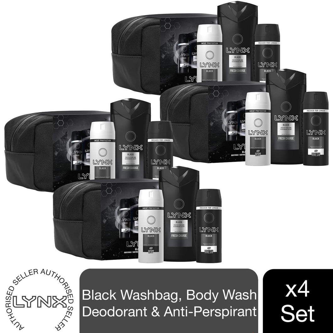 4x Lynx Black Wash Bag Gift Set, Black Bodyspray, Bodywash & anti-perspirant spray