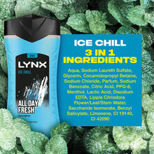 Load image into Gallery viewer, 3pk of 225ml Lynx 3-in-1 Ice Chill All Day Fresh with Icy Menthol Body wash