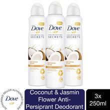 Load image into Gallery viewer, 3pk 250ml Dove Coconut &amp; Jasmin Flower Anti-Perspirant Deodorant Aerosol